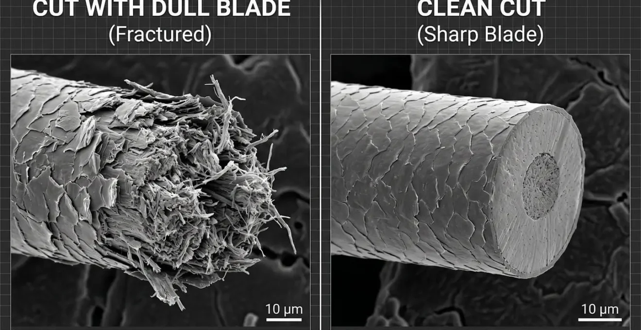 Vue microscopique comparative d'un cheveu coupé avec une lame émoussée montrant des fractures versus une coupe nette