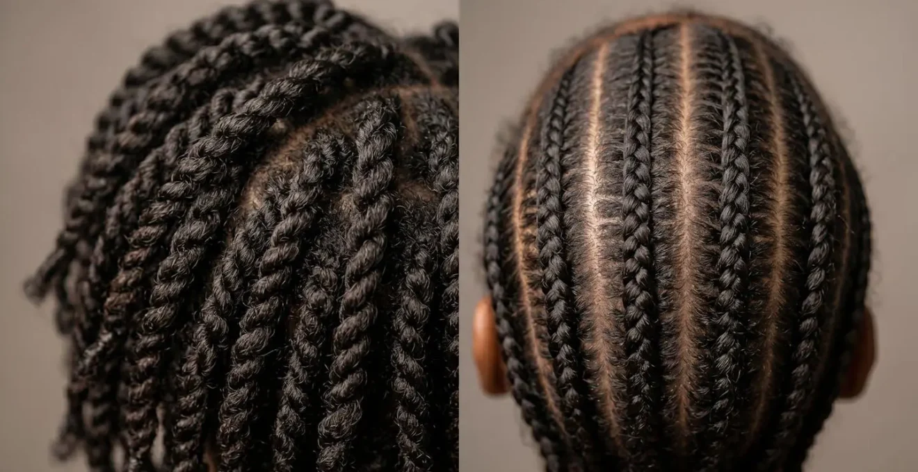 Gros plan sur deux styles de coiffures protectrices côte à côte sur cheveux afro d'enfant