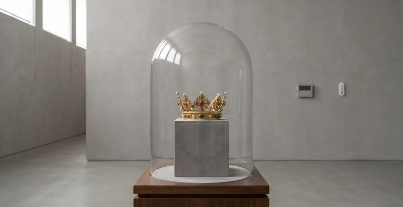 Cloche en verre protectrice avec une couronne ornementale sur un support en velours dans un environnement de conservation contrôlé.