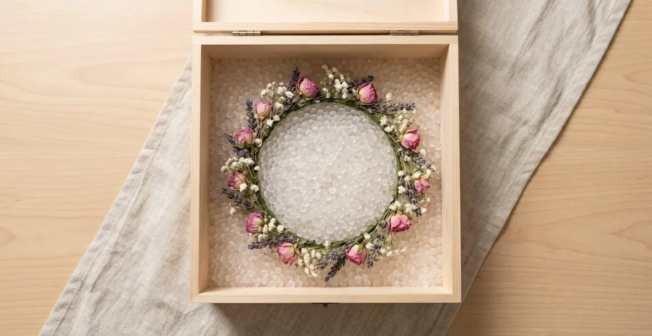 Vue plongeante d'une couronne de fleurs délicatement posée dans une boîte avec gel de silice pour séchage