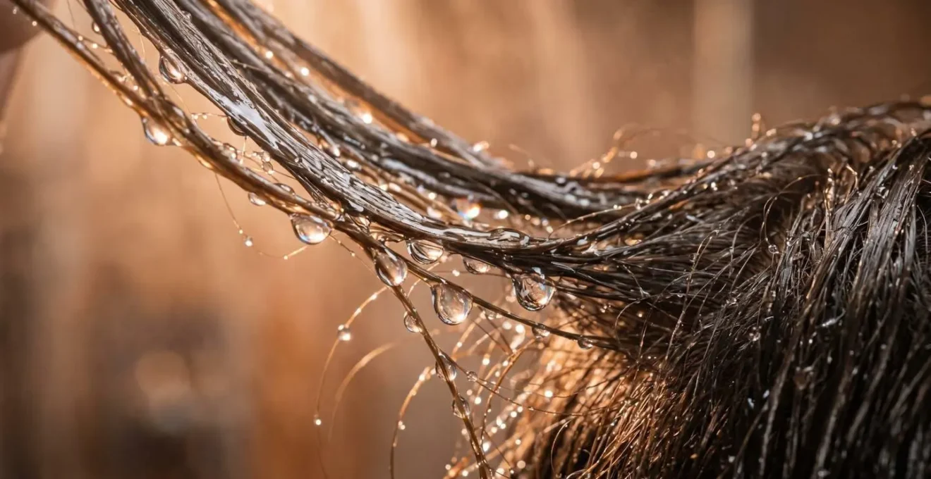 Gros plan sur des cheveux mouillés sous l'eau tiède de la douche avec de la vapeur