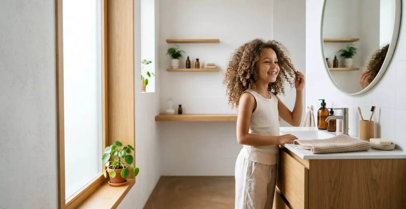 Enfant aux cheveux bouclés naturels se regardant avec fierté dans un miroir, touchant délicatement ses boucles