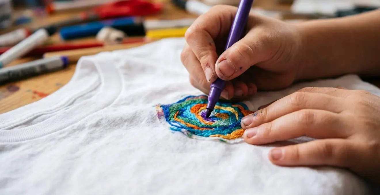 Enfant concentré en train de personnaliser un t-shirt blanc avec des feutres textiles et des patchs colorés sur une table