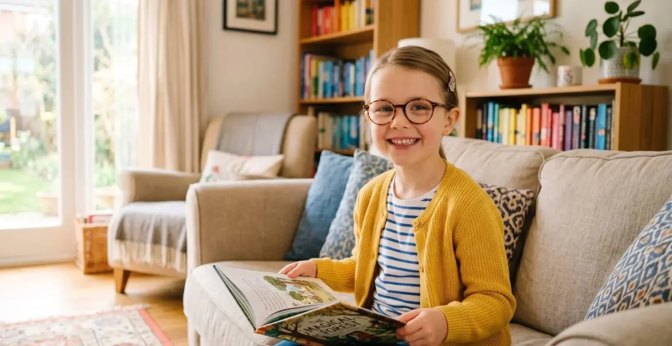 Enfant portant des lunettes dans un salon lumineux, frange bien dégagée du visage