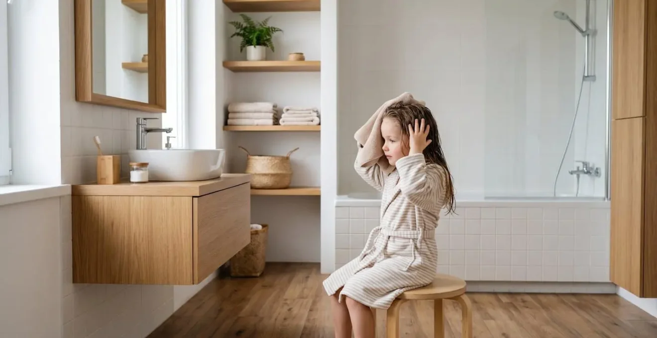Enfant tamponnant délicatement ses cheveux avec une serviette douce