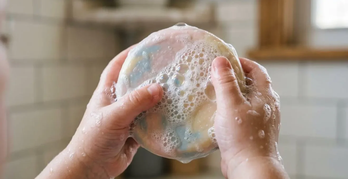 Mains d'un jeune enfant tenant un shampoing solide coloré et créant une mousse abondante.