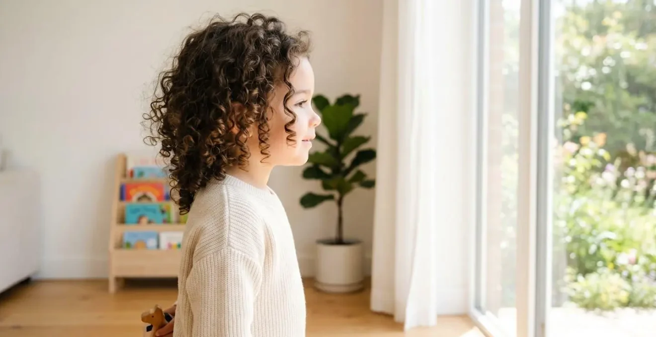 Profil d'un enfant aux cheveux bouclés dans un environnement lumineux et épuré