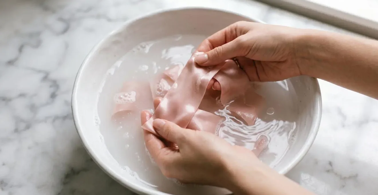 Mains délicates lavant un ruban de soie dans une bassine d'eau savonneuse