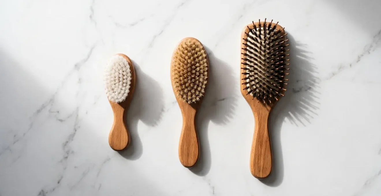 Trois brosses à cheveux alignées montrant l'évolution de bébé à enfant