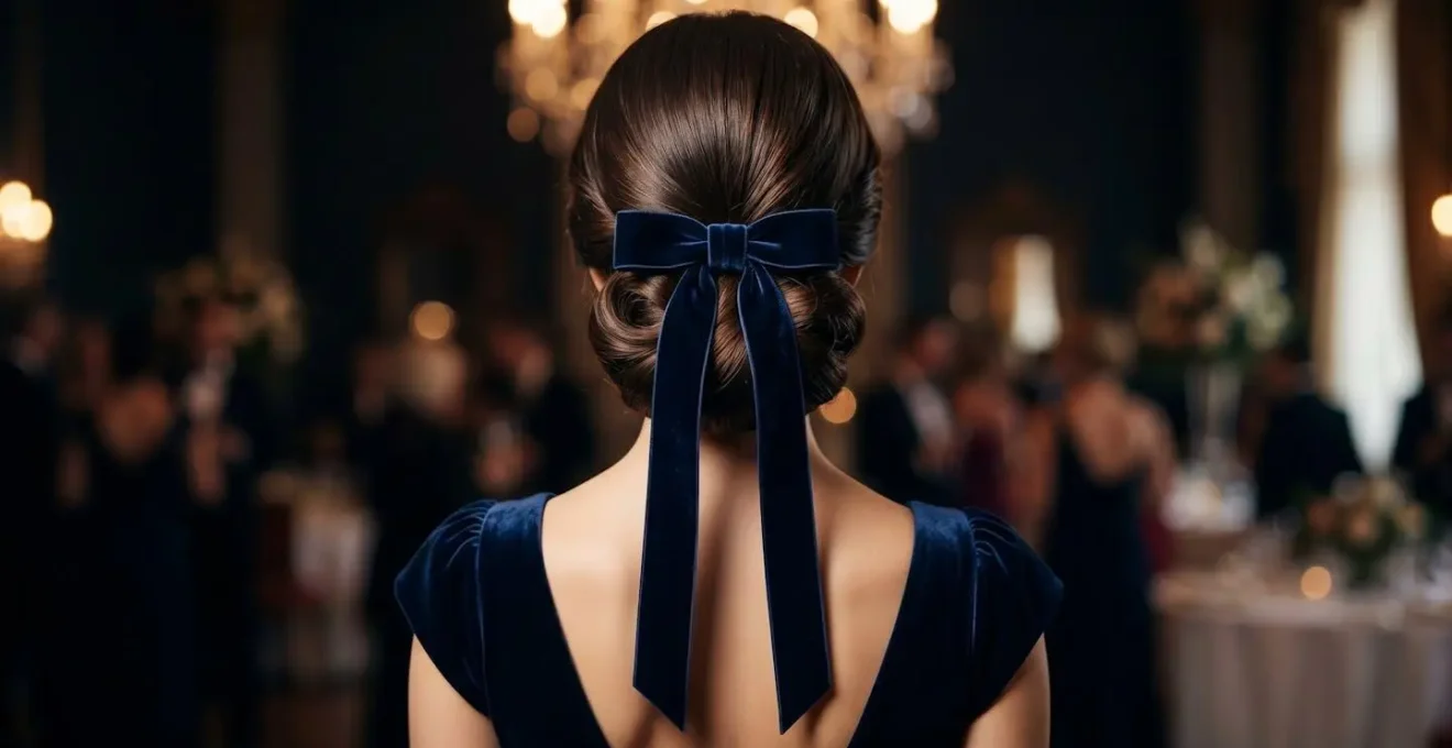 Femme élégante vue de dos avec chignon orné d'un ruban de velours assorti à sa robe