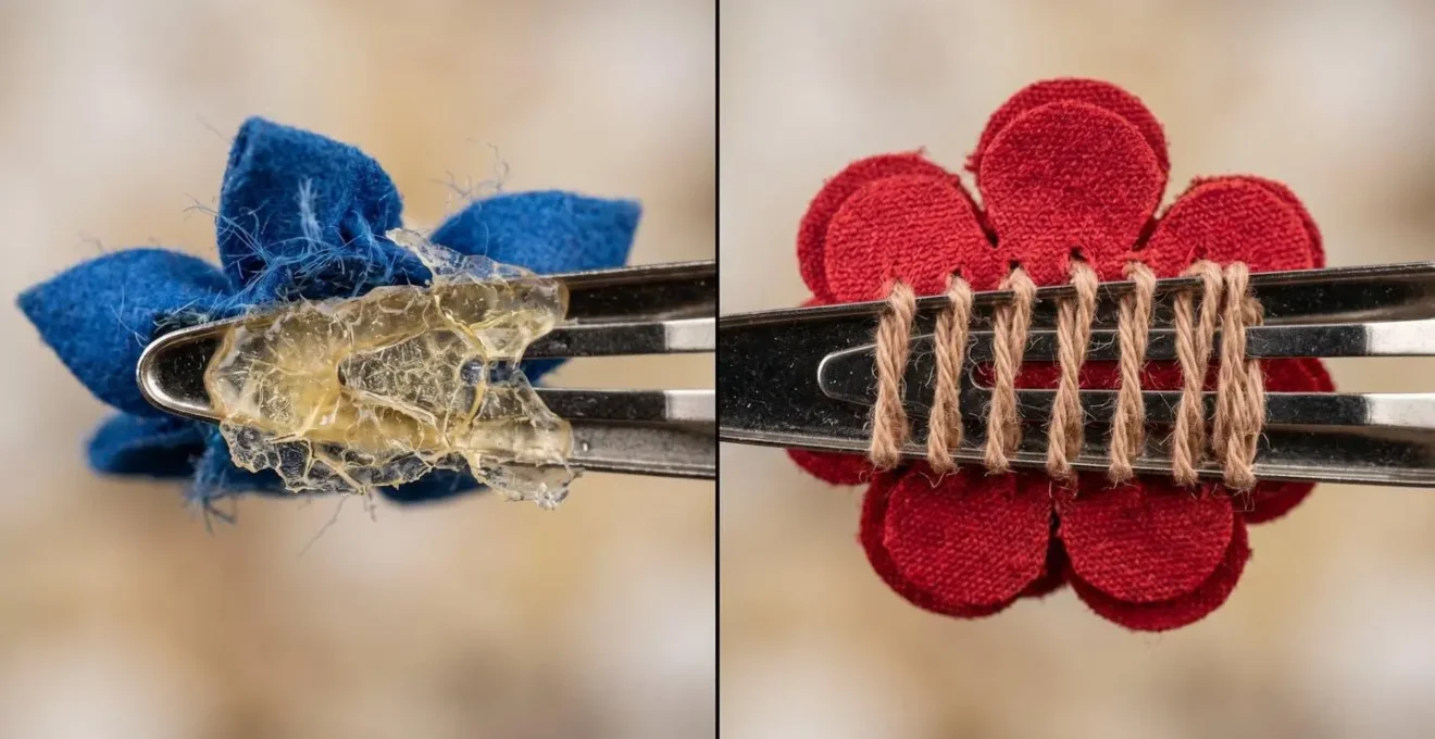 Vue macro détaillée montrant la différence entre une décoration collée et une décoration cousue sur une barrette