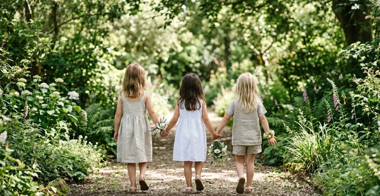 Mains d'enfant montrant trois options florales différentes dans un jardin ensoleillé