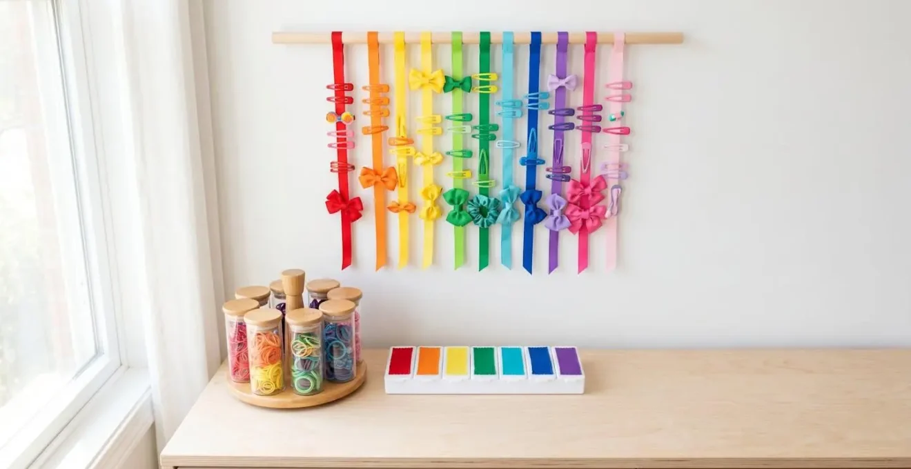 Vue en plongée d'un système de rangement DIY avec rubans suspendus, boîtes compartimentées et organisateur hebdomadaire coloré