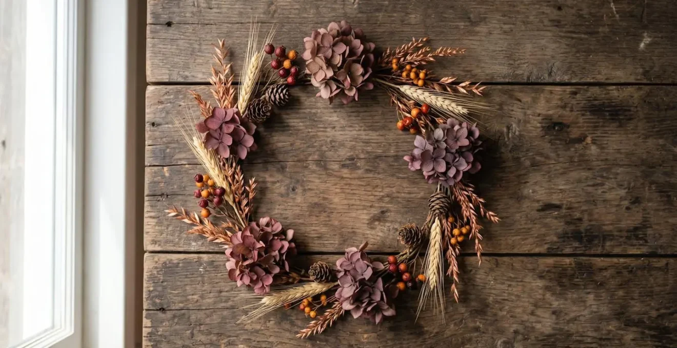 Composition automnale de fleurs séchées et graminées pour couronne champêtre