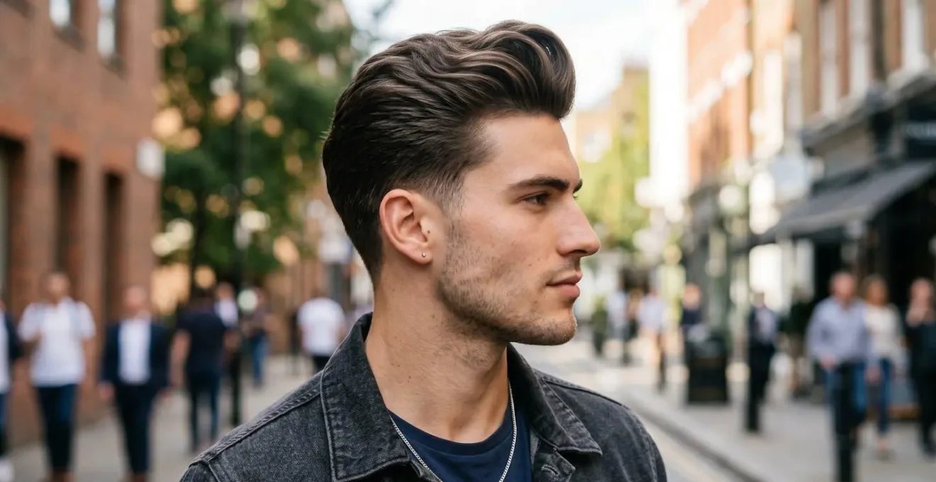 Jeune homme de profil montrant un pompadour aux proportions harmonieuses avec son visage