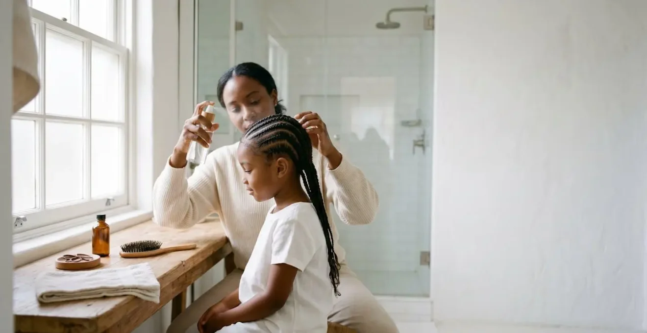 Mains appliquant délicatement un spray sur les racines de tresses d'enfant