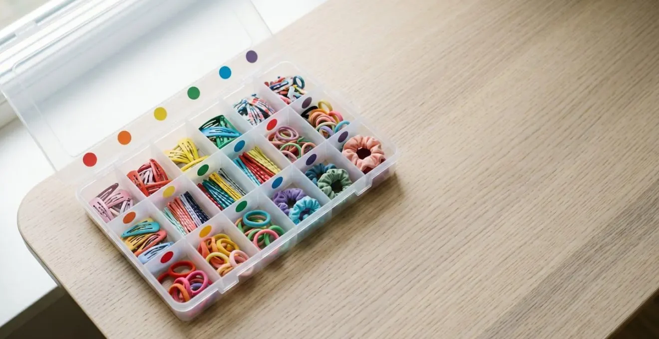 Boîte de rangement colorée avec compartiments pour barrettes d'enfant, étiquetée pour l'école