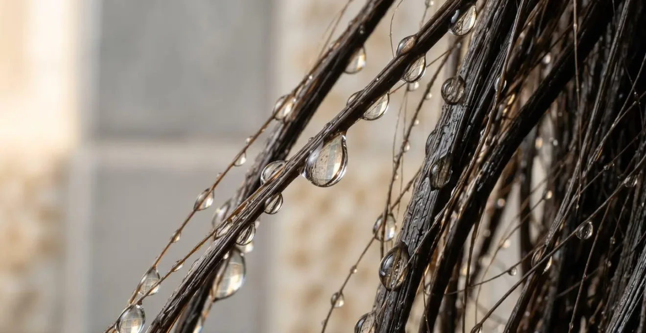 Carafe d'eau infusée à la camomille versée sur cheveux longs, effet macro sur les gouttes