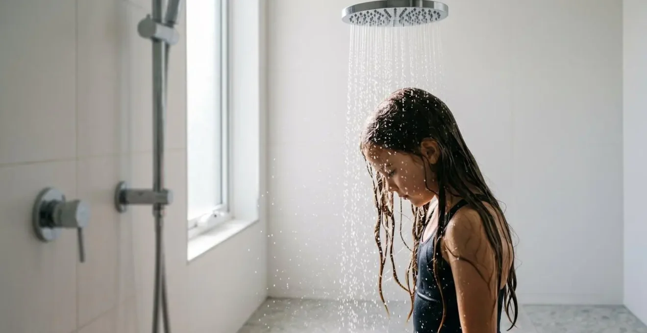 Enfant se rinçant les cheveux avec un pommeau filtrant anti-calcaire