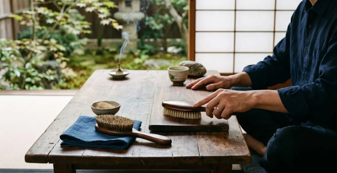 Ambiance zen d'un rituel de brossage avec brosse militaire sur table en bois
