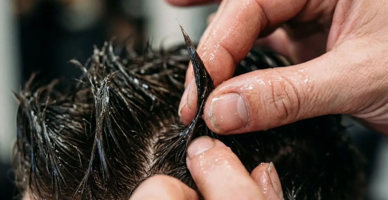 Détail macro de doigts sculptant des pics de cheveux avec gel fixation forte