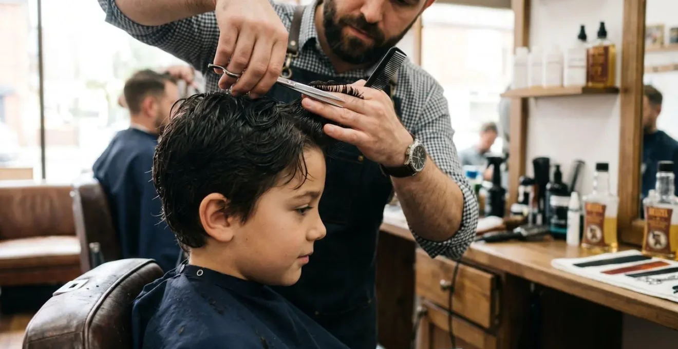 Vue de profil d'un garçon pendant une coupe aux ciseaux avec technique boucle par boucle