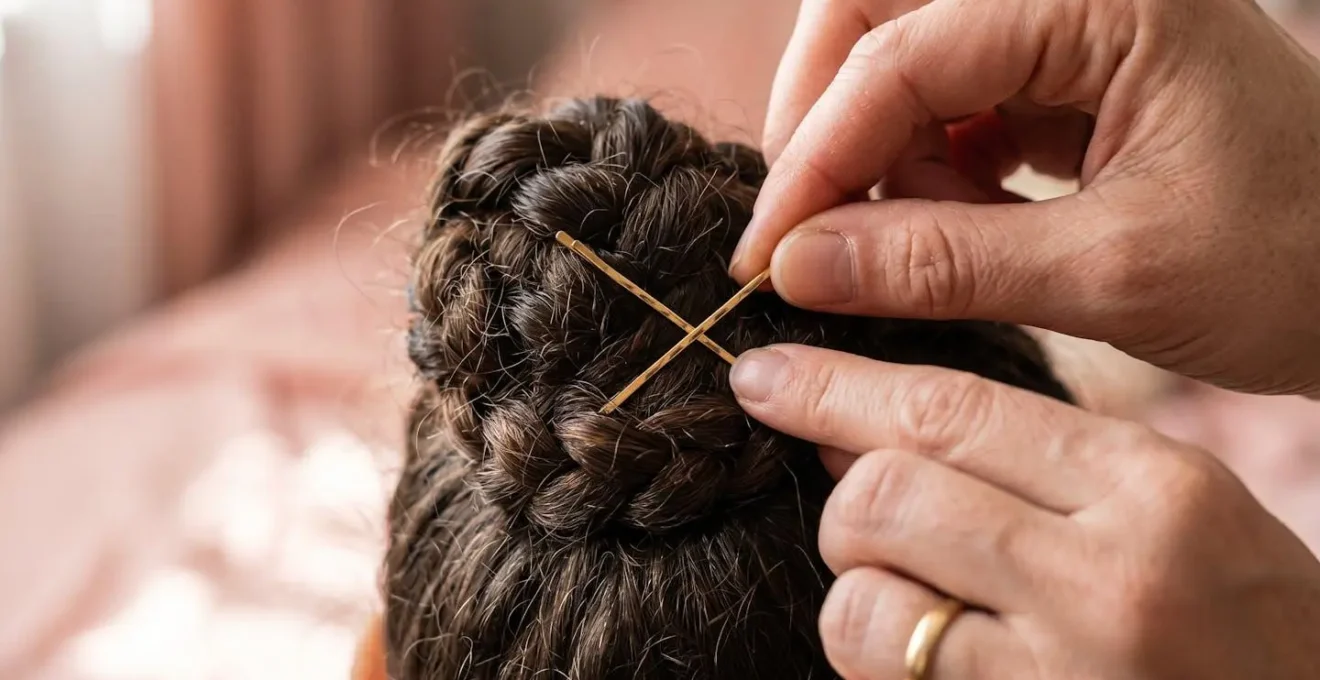 Gros plan sur des mains expertes positionnant des épingles en X dans un chignon d'enfant