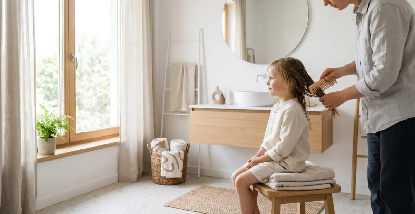 Mains tenant fermement une mèche de cheveux à mi-longueur pendant le démêlage