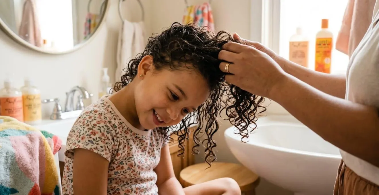 Mains appliquant délicatement la technique du scrunch sur des boucles d'enfant