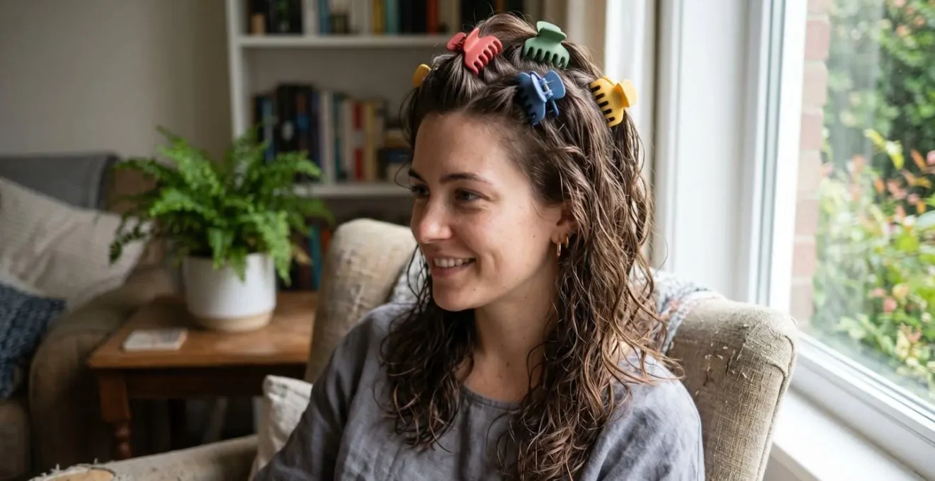 Cheveux mi-longs avec pinces crabes maintenant les racines décollées pendant le séchage naturel