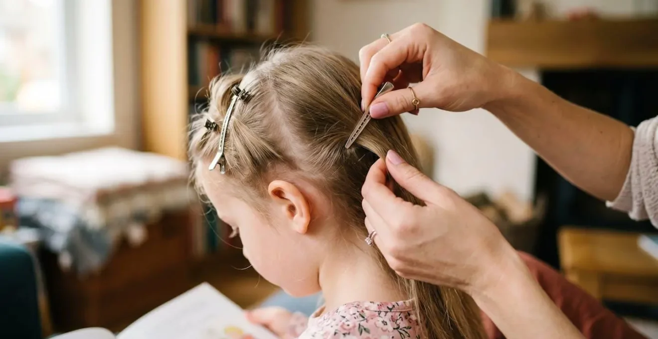 Mains délicates soulevant des mèches de cheveux fins d'enfant avec des pinces plates pour créer du volume