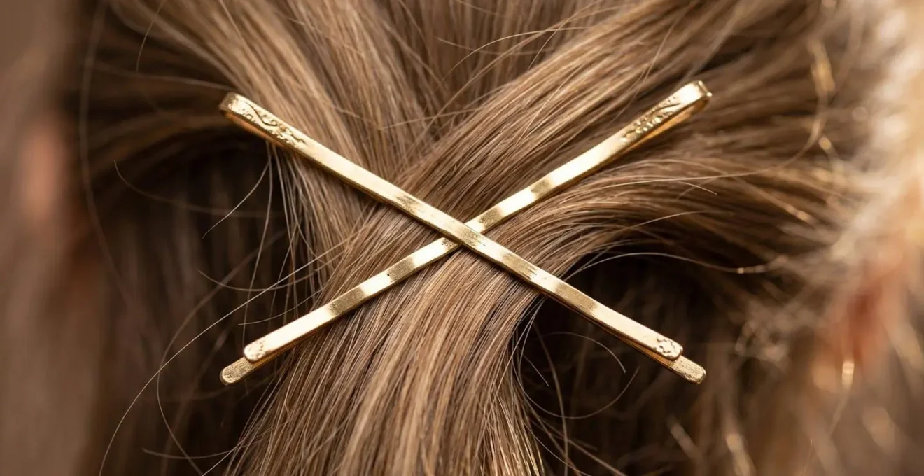 Gros plan sur mains positionnant des épingles dorées en croix dans des cheveux châtains