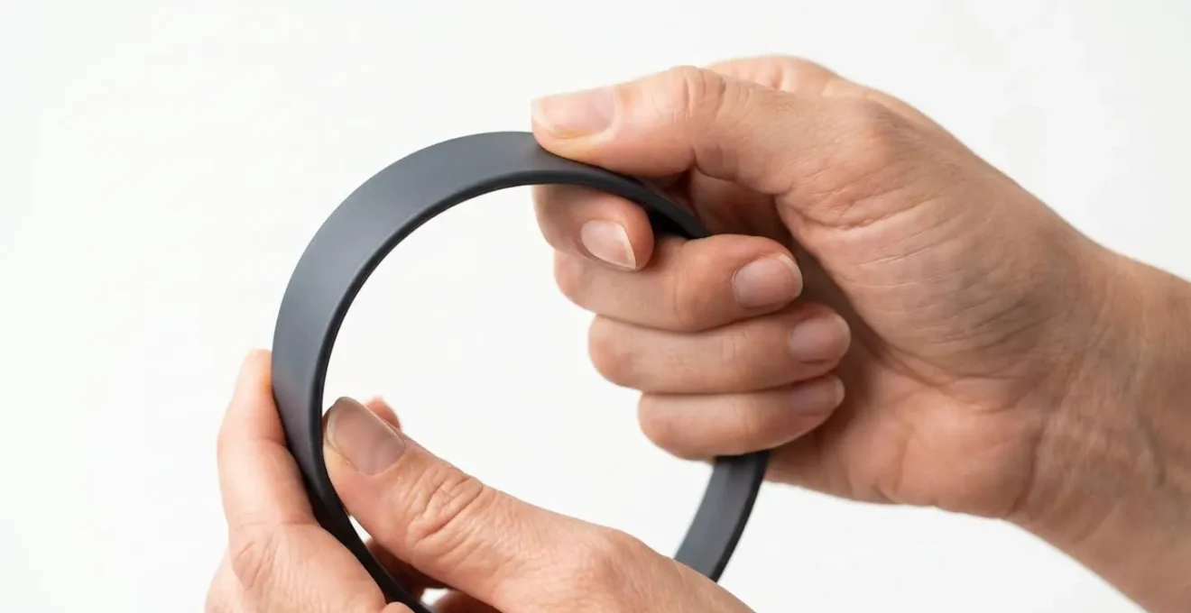 Mains testant la flexibilité d'un serre-tête en formant un ovale