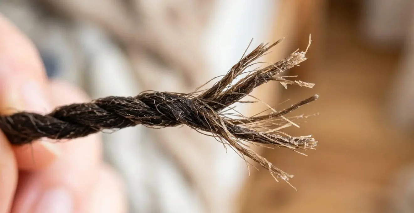 Gros plan sur une mèche de cheveux torsadée montrant les fourches qui ressortent