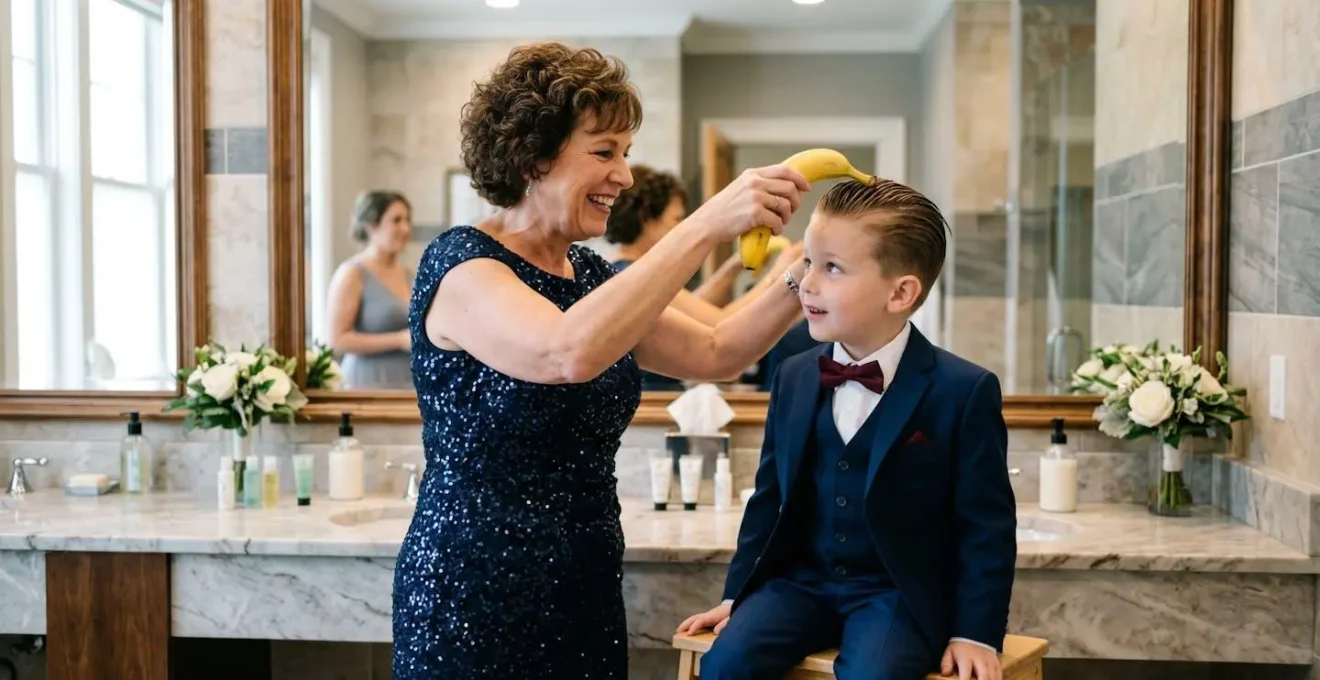 Transformation rapide d'une banane en coiffure slick back pour enfant dans une salle de bain de mariage
