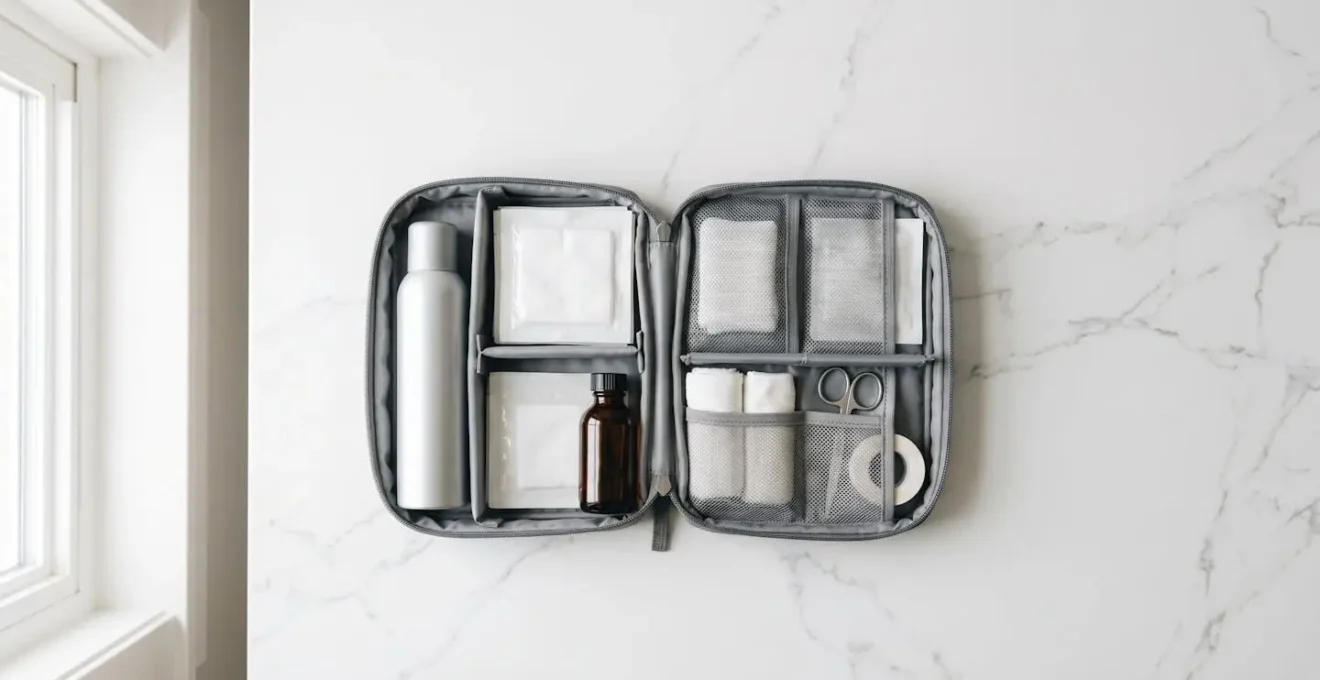 Trousse d'urgence ouverte avec brumisateur et compresses pour soins d'urgence