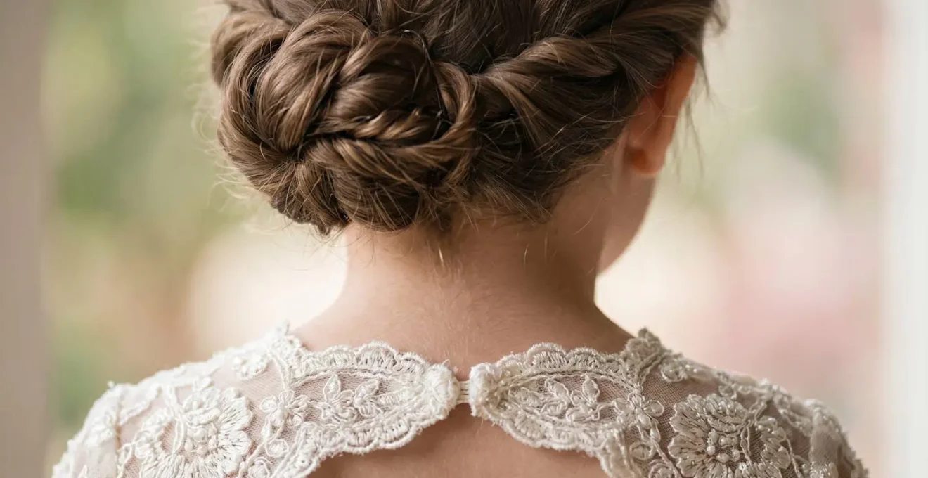 Détail d'une coiffure chignon haut dégageant un dos nu de robe de cérémonie
