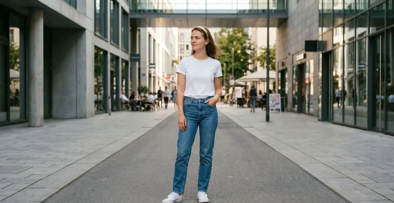 Jeune femme en tenue décontractée avec un diadème minimaliste dans un environnement urbain